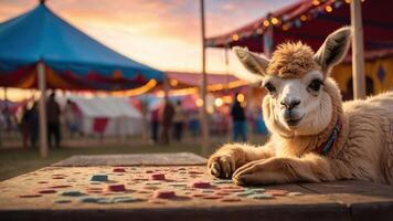 A relaxed llama sitting at a table with colorful tiles, set against a vibrant carnival backdrop. photo
