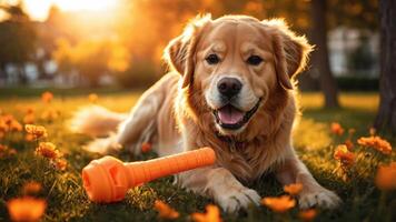 A golden retriever lies in a sunlit field of flowers with a toy beside it. photo