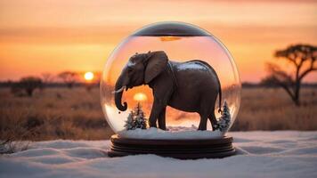 A snow globe featuring an elephant amidst a snowy landscape at sunset. photo