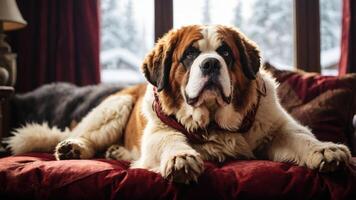 A St. Bernard dog lounging comfortably on a couch by a window in a snowy setting. photo