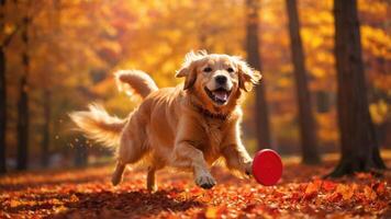 A golden retriever joyfully running with a frisbee in a colorful autumn forest. photo