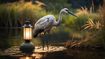 A serene scene of a crane by a lantern-lit pond amidst lush grasses. photo