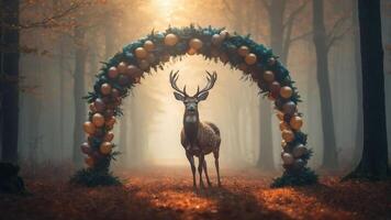 A deer stands beneath a colorful arch in a misty forest, creating a whimsical atmosphere. photo