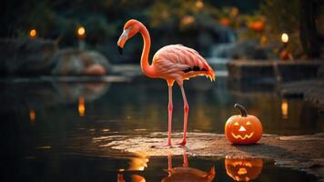 A flamingo stands by a carved pumpkin near a tranquil pond, evoking a festive autumn scene. photo
