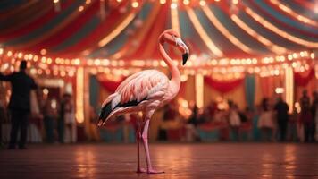 A flamingo stands elegantly in a vibrant, festive setting with colorful lights and decorations. photo