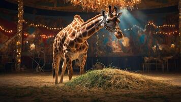 A giraffe stands in a circus-like setting, surrounded by dim lights and a festive atmosphere. photo