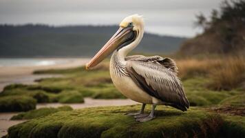 A pelican stands on mossy rocks by the beach, showcasing its distinctive features. photo