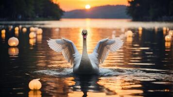 A majestic swan spreads its wings at sunset, illuminating a tranquil lake with floating lights. photo