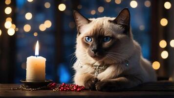 A serene cat rests beside a candle, surrounded by soft bokeh lights for a cozy atmosphere. photo