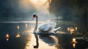 A serene swan glides through a misty lake, surrounded by floating candles at dawn. photo
