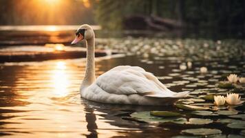 A serene swan gliding across a tranquil lake at sunset, surrounded by lily pads. photo