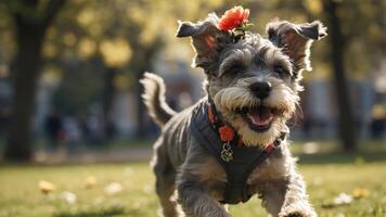 A happy dog running in a park with a flower accessory on its head. photo