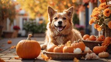 A cheerful dog lying among pumpkins and autumn flowers in a vibrant fall setting. photo