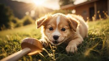 A playful puppy lying on grass with a toy in a sunlit outdoor setting. photo