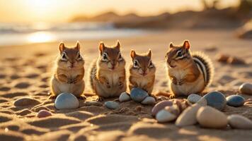 Four chipmunks on a sandy beach, surrounded by colorful pebbles at sunset. photo