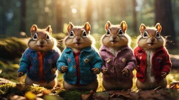 Four dressed squirrels standing together in a forest setting. photo