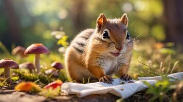 A chipmunk forages among mushrooms in a sunlit forest setting. photo