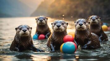 Five playful otters swimming with colorful balls in a serene river setting at sunset. photo