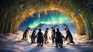 A group of penguins gathered under an aurora-lit sky in a snowy landscape. photo