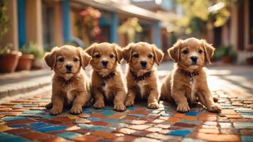 Four adorable puppies sitting together on a colorful tiled path in a charming setting. photo