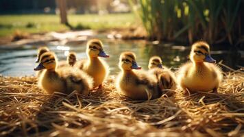 A group of fluffy ducklings resting on straw near a pond during golden hour. photo