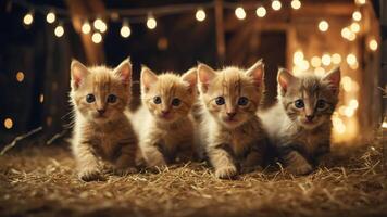 Four adorable kittens sitting on straw with warm lights in the background. photo