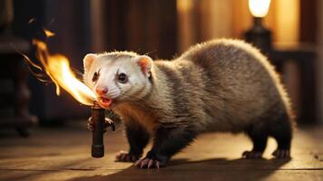 A ferret holding a flaming torch, creating a whimsical and adventurous scene. photo