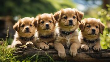 Four adorable puppies resting on a log in a lush green setting. photo