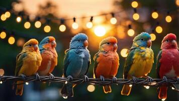 A colorful group of birds perched on a wire against a sunset backdrop with glowing lights. photo