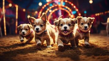 A playful scene of four puppies running in a circus-like setting with vibrant lights. photo