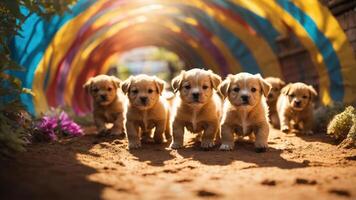 A group of playful puppies exploring a colorful tunnel in a sunny outdoor setting. photo