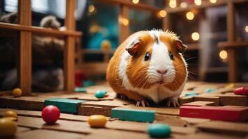 A cute guinea pig on a colorful play area with scattered toys and soft lighting. photo