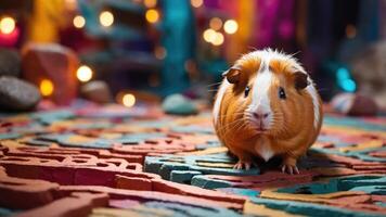 A cute guinea pig sits on a colorful patterned surface with a vibrant background. photo