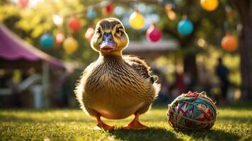 A duck stands on grass near a colorful ball, set in a festive outdoor environment. photo