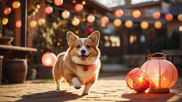 A happy corgi runs through a festive outdoor setting with lanterns. photo