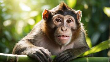A close-up of a monkey resting on a bamboo branch in a lush green environment. photo