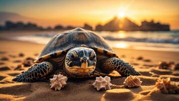 A sea turtle resting on the beach at sunset, surrounded by seashells and ocean waves. photo