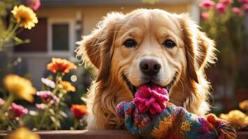 A golden retriever playfully holds a colorful toy in a vibrant garden setting. photo