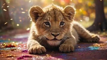 A playful lion cub resting on a colorful ground, surrounded by nature's beauty. photo