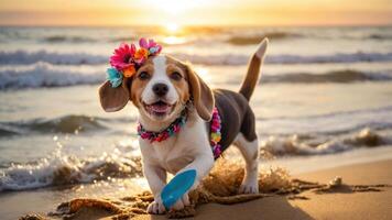 A cheerful beagle wearing a flower crown plays on the beach at sunset. photo