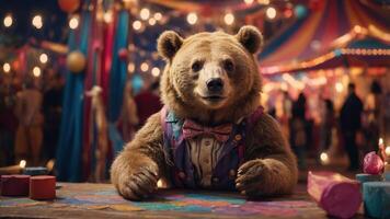 A whimsical bear dressed in a bow tie sits at a colorful table in a festive carnival setting. photo