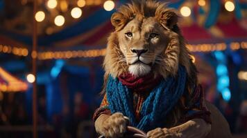 A lion dressed in a colorful scarf sits in a circus setting, exuding a whimsical charm. photo