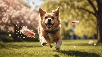 A joyful dog running in a park with flowers in the air, embodying happiness and playfulness. photo