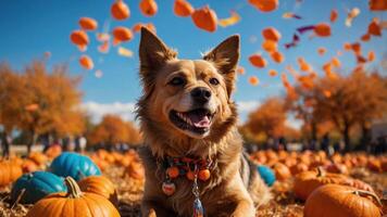 A happy dog surrounded by pumpkins in a vibrant autumn setting. photo