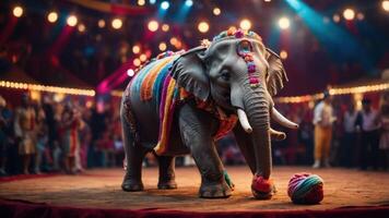 An elephant adorned with colorful decorations performs in a circus setting. photo