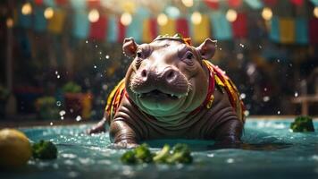 A playful hippo in a colorful setting, surrounded by vegetables in a pool. photo