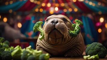 A walrus playfully poses with broccoli in a colorful circus setting. photo
