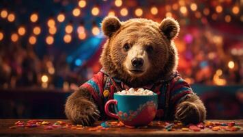A bear in a colorful outfit enjoys a cup of hot chocolate at a festive gathering. photo