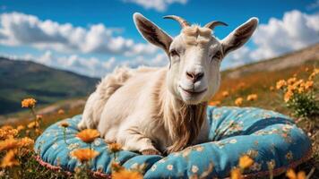 A goat lounging on a colorful cushion amidst a field of flowers under a blue sky. photo