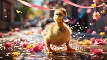 A playful duckling splashes through a flower-strewn street, evoking joy and whimsy. photo